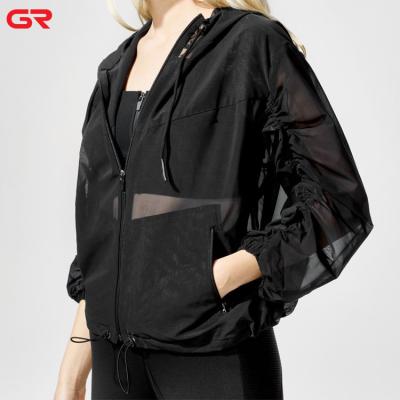 China Breathable OEM Ruched Sleeves Elastic Drawstring Adjusting Edge Zipper Up Front Women Jackets for sale