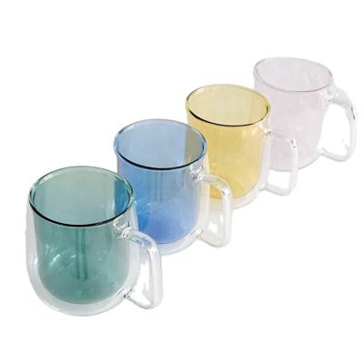 China Durable Stylish Handmade Colored Double Wall Coffee Mugs Heat Resistant Glass Tumblers With Handle for sale