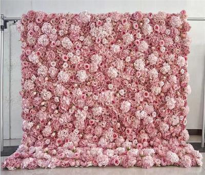 China Wedding Decoration YOPIN-101 3D Fabric Artificial Silk Back Roll Up Flower Wall Rose Wedding Backdrop for sale