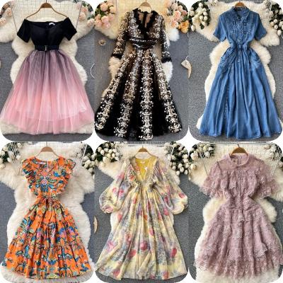 China Anti-Static Factory hot tea break French square collar bubble sleeve dress summer female lace-up closed waist irregular lotus edge fairy for sale