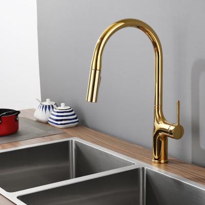 China Pull Out Kitchen Faucet Single Hole Spout Kitchen Sink Jet Brushed Mixer Tap Water Flow Spout Gold Mixer Tap for sale