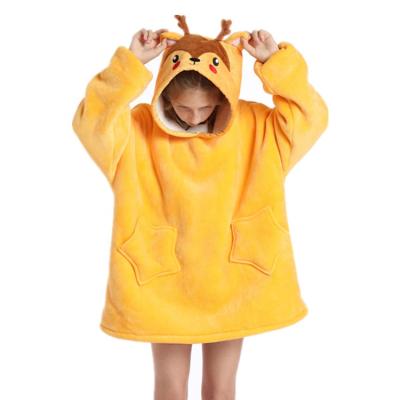 China New design hot sale thermal heat up to thicken flannel sherpa kids hoodie blanket animal wearable long dresses for home for sale