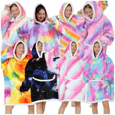 China Wearable Oversized Super Soft Warm Flannel Hoodie Galaxy Anti-Wrinkle Hoodie Blanket Hooded Blanket Blanket with Pocket and Jumbo Sleeves for sale