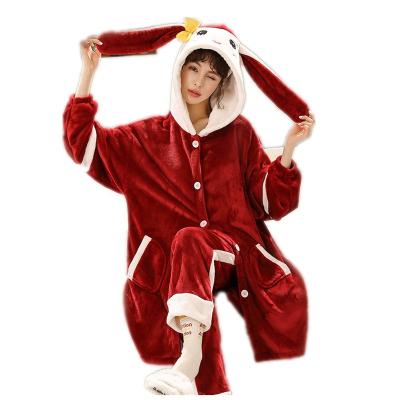 China Thermal Warm Flannel Long Sleeves Home Wear 2 Pcs Flannel Home Lounge Wear Cute Rabbit Pajamas Home Wear Set for sale