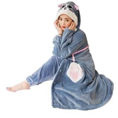 China Lovely Soft Robe QUICK DRY Long Sleeping Cat Flannel Sleepwear Winter Blue/Pink Bathrobes For Women for sale