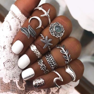 China BOHEMIA 11 Pcs / Set Boho Women Rings Jewelry Opal Flower Engagement Wedding Party Antique Silver Rings for sale