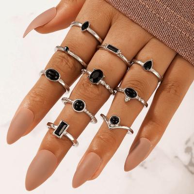 China BOHEMIA 10 Pcs / Set Vintage Women Rings For All Fingers Fashionable Black Gemstone Obsidian Party Rings Set for sale