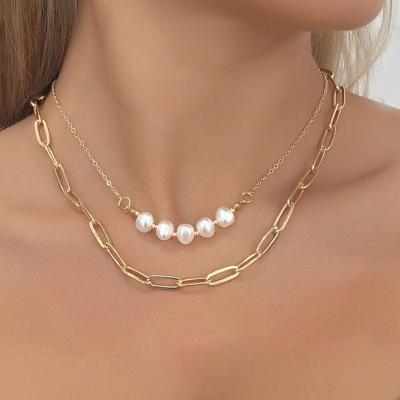 China BOHEMIA 2 Pcs / Set Women Gold Plated Snake Chain Necklace Jewelry Pearl Layered Necklaces for sale