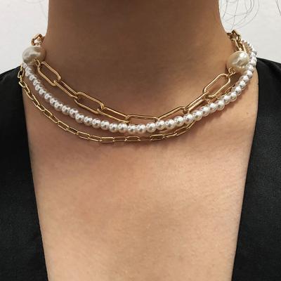 China BOHEMIA Gold Chain Link Necklace Jewelry Baroque White Pearl Layered Choker Necklace For Women for sale