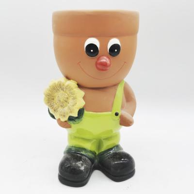 China Cute Cartoon Ceramic Flower Pot Desktop Animal Boy Round For Kid Planter Indoor Outdoor Wholesale Potted Green Porcelain for sale