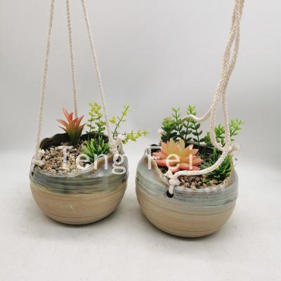 China Modern Plant Holder 5 Inch Cute Cactus Succulent Pot with Cotton Rope Hanger for Indoor Outdoor Decor Ceramic Hanging Planter for sale