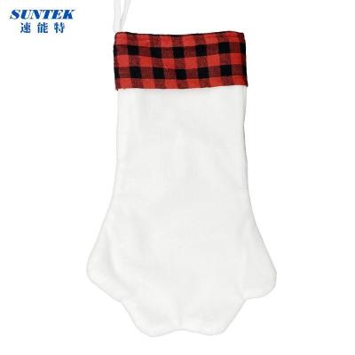 China Christmas Theme White Sublimation Plaid Dog Paw Socks Xmas Gift Bag Red Black Decorations For Christmas Tree Decoration for sale