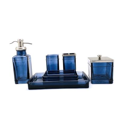 China Sustainable Wholesale Luxury Blue Glass Six Piece Square Vintage Ocean Bathroom Accessories Sets for sale