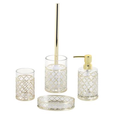 China Sustainable Glass 4pcs Bathroom Accessories Set Clear Body Golden Bath Accessories Set Swirl High Quality Bath Accessories Set Luxury for sale