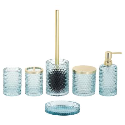 China Viable High Quality 6pcs Set Bath Aqua Glass Accessories Hot Selling Bath Accessories Honeycomb Bathroom Accessory Set for sale