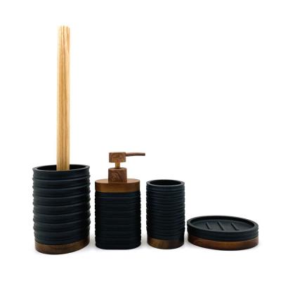 China Sustainable Luxury Ribbed Hoops Look Black Resin Wooden Bath Polyresin Bathroom Accessories Sets for sale