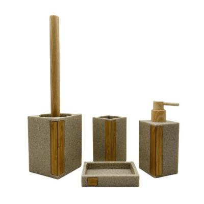 China Sustainable Luxury Cheap Polyresin Soap Dispenser Sand Resin Wood Five Piece Bathroom Accessories Sets for sale