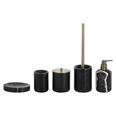 China Sustainable Luxury Marble Natural Stone Bathroom Accessories Set Black Round Shape Marble Lotion Pump Tumbler Soap Dish Cotton Pot for sale