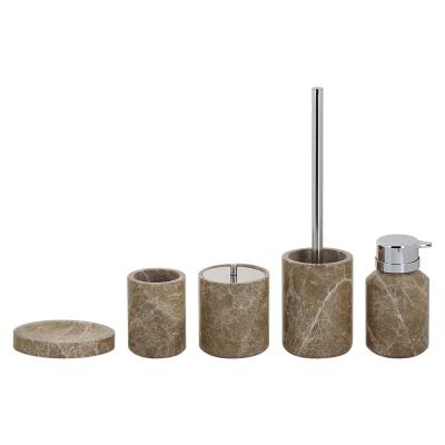 China 4pcs Sustainable Luxury Marble Natural Stone Bathroom Accessories Set Round Shape Brown Marble Lotion Pump Tumbler Soap Dish for sale