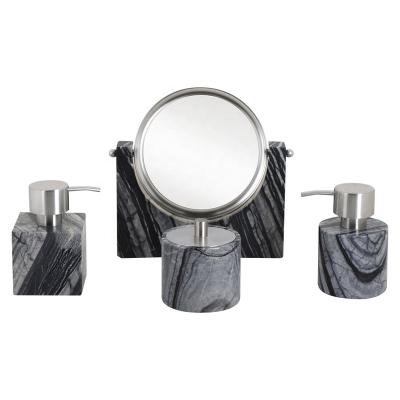 China 4pcs Sustainable Luxury Marble Natural Stone Bathroom Accessories Set Gray Color Marble Lotion Pump Tumbler Soap Dish Swing Mirror for sale