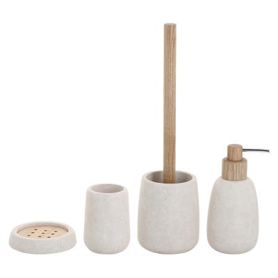 China 4pcs Sustainable Luxury Marble Natural Stone Bathroom Accessories Set SAGOU Cream Marble Lotion Pump Tumbler Soap Dish Toilet Brush Holder for sale