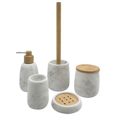 China 5pcs Bathroom Viable Luxury Marble Accessories Set Big Flower Lotion Pump Tumbler Soap Dish White Marble Toilet Brush Holder for sale