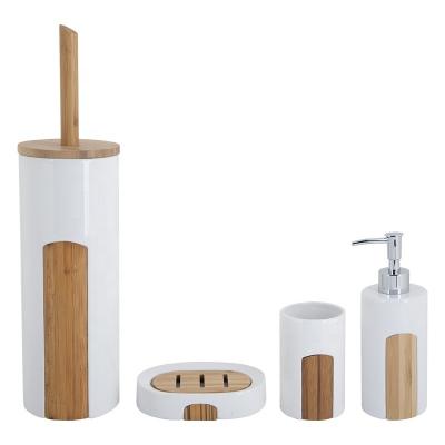 China Sustainable Ceramic 4pcs Bathroom Accessories Set Stoneware And Bamboo Bath Brush Toilet Soap Dish Tumbler Pump Lotion Countertop Holder for sale