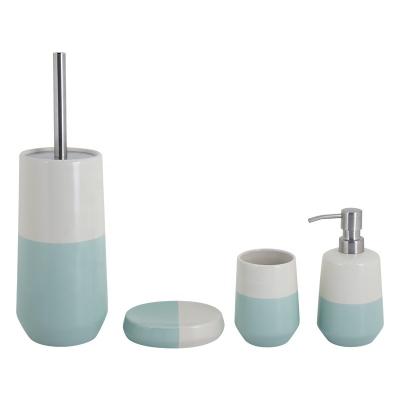 China 4pcs Sustainable Ceramic Bathroom Accessories Set 2 TONS Sandstone Bath Countertops Lotion Pump Tumbler Soap Dish Bowl Brush for sale