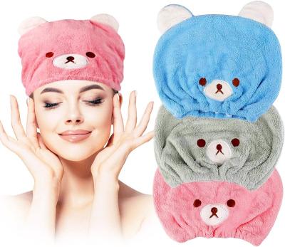 China QUICK DRY Cute Cartoon Bear Microfiber Hair Drying Hat Coral Fleece Absorbent Hair Drying Towel Bath Shower Head Wrap For Women Kids for sale