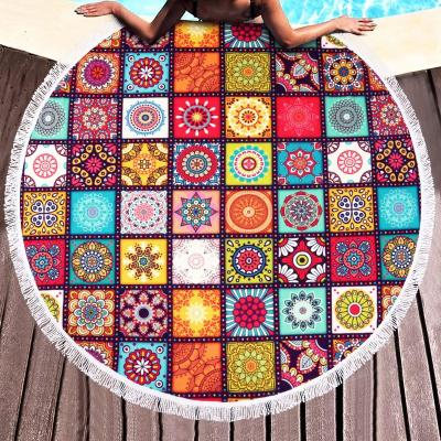 China Large Viable Wholesale Loose Microfiber Polyester Cotton Printed Tassels Round Mandala Beach Towel Circle Swim Pool Towel Table Cover for sale