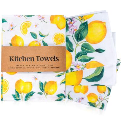 China Viable Lemon Yellow Printed Kitchen Dish Towels Multi Purpose Kitchen Linen Drying Dish Hand Towels for sale