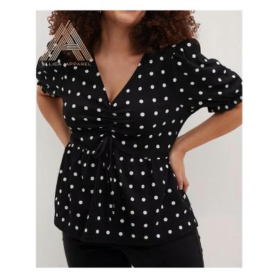 China ALLICA Women Elegant V-Neckline Women's Soft/Washable/Breathable Custom Stain Ruched Front Black Polka Dot Blouse for sale