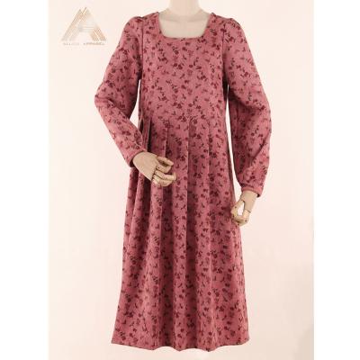 China ALLICA 2022 Vintage New Korean Style Floral Printing Lady Knee-Length Dress Long Sleeves Autumn Winter Anti-Static Square Neck Corduroy for sale