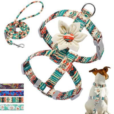 China Personalized H Pattern Print Nylon Dog Harness And Leash Set Floral Pet Walking Leash For Small Dogs for sale