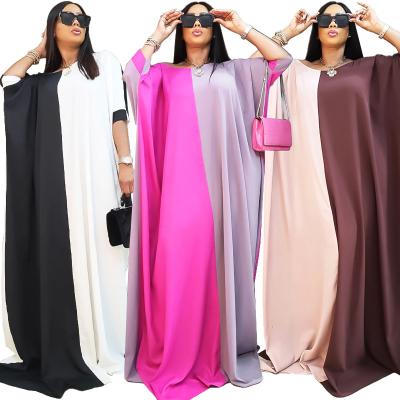 China 2022 Summer New Big Size African Muslim Women Breathable Solid Color Contrast Splicing Dress for sale