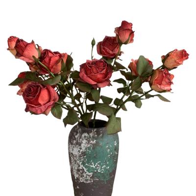 China Realistic Bulk Home Decoration Burnt Edge Flower Rose Look Dry Silk Roses Artificial Flowers for sale