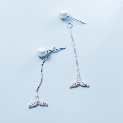 China Small Fresh Dreamy Silver Tail Environmental Friendly Mermaid Long Drop Crystal Pearl Earrings 925 Sterling Silver Jewelry 2019 for sale