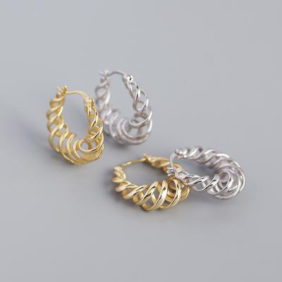 China Hiphop Punk Style Solid Sterling Silver Spring Shape Hoop Earrings 925 Shape To Silver Gold Twist Circle Earrings Wholesale Jewelry for sale