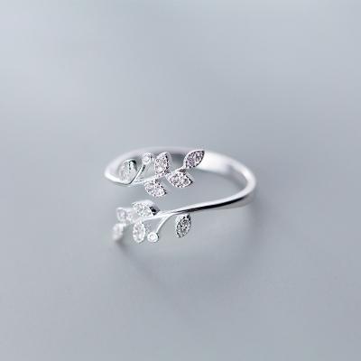 China Good Quality Environmentally Friendly Olive Branch Leaves Women Wedding CZ Zircon Rings Adjustable 925 Silver Jewelry for sale