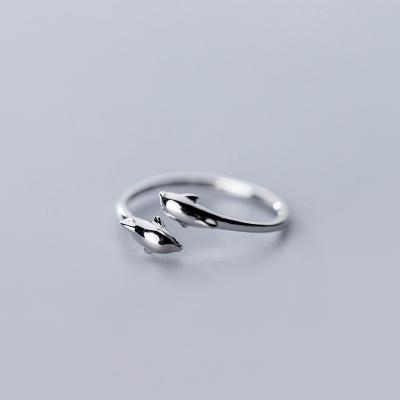 China Environmental Friendly Good Quality Shiny Double Dolphin Animal Rings For Women Beautiful 925 Sterling Silver Marine Life Joint Rings for sale