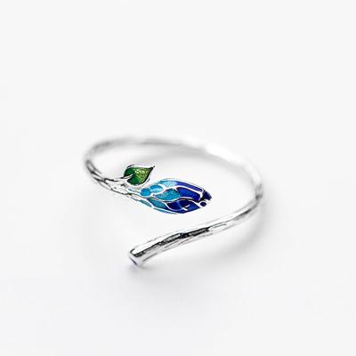 China Vintage Environmentally Friendly Enamel Leaves Adjustable Women Finger Rings For 925 Sterling Silver Jewelry for sale