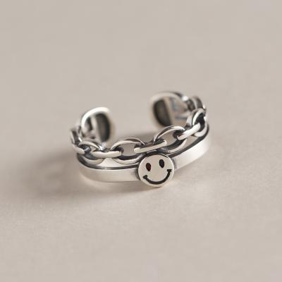 China 925 Sterling Silver Retro Smile Happy Smiley Double Layer Chain Female Environmentally Friendly Resizable Opening Rings for sale