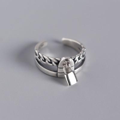 China Environmentally Friendly Geometric Double Layer Lock Chain Rings For Real 925 Sterling Silver Fine Jewelry Femme Open Tail Ring Men Vintage Women's for sale