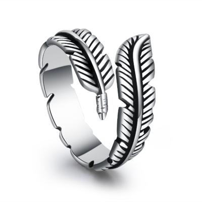 China Fashion Environmental Friendly Vintage Women 925 Silver Adjustable Feather Rings for sale