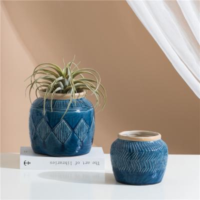 China Wholesale Modern Succulent Planter Nordic Pattern Blue Porcelain Garden Decoration Ceramic Flower Pots Mold for sale