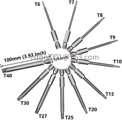 China Steel 11 Piece 1/4 Inch Hex Shank T6-T40 4 Inch Security Head Screwdriver Steel Torx Drill. S2 set bit, 100mm/3.93 inch long for sale