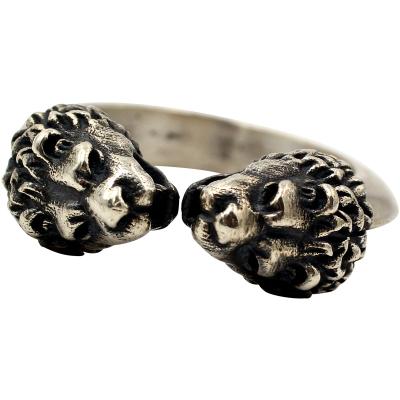 China Gothic Punk Neo Hip Hop Iced Out Handmade Double Style Lion Head S925 Sterling Silver American Motorcycle Men's Open Ring for sale