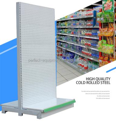 China Metal Store Display Stand Pharmacy Combination Shelf Single/Double Single Sided Double Sided Supermarket Shelving With Hooks for sale