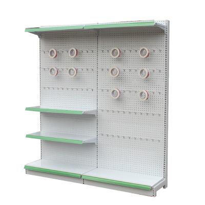 China Shopping Mall Shelves Single/Double Sided Commercial Grocery Racks Single Sided Supermarket Shelf Hole Dish Wall Gondola Shelving With Hook for sale