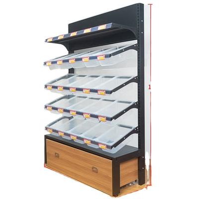 China OEM Single Sided Double Sided Metal Steel Single Sided Drawers at Bottom Display Spice Chips And Snacks Rack Gondola Shelf Stand For Supermarket for sale